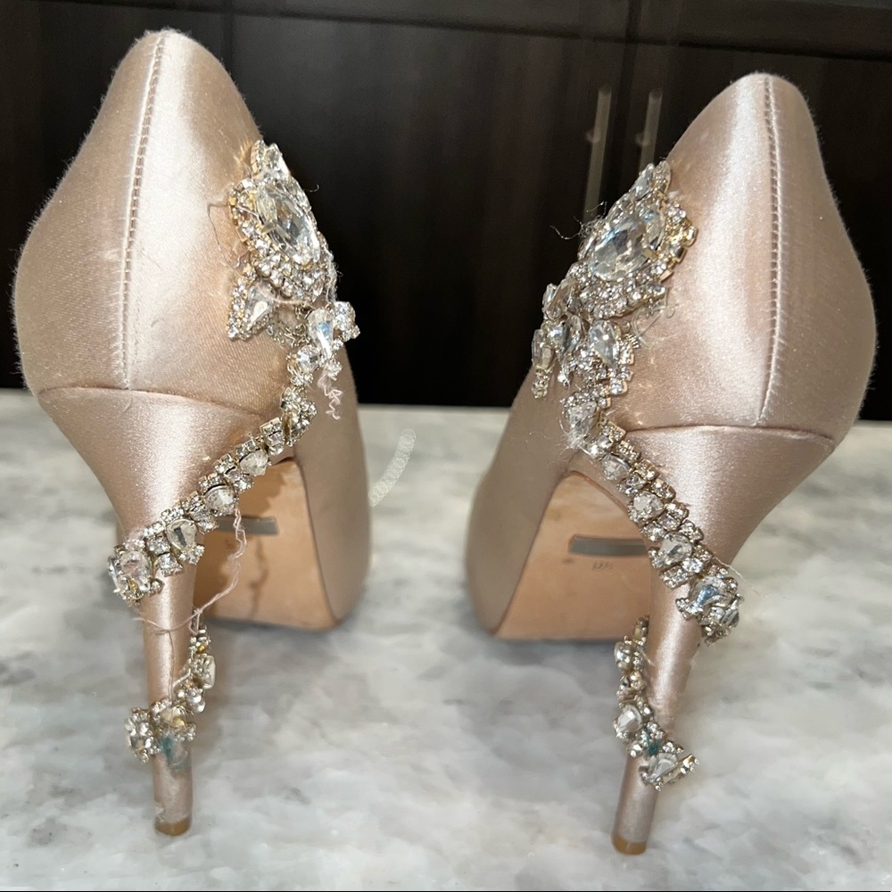 Badgley Mischka Peep-Toe Nude Heels with Crystal Embellishment